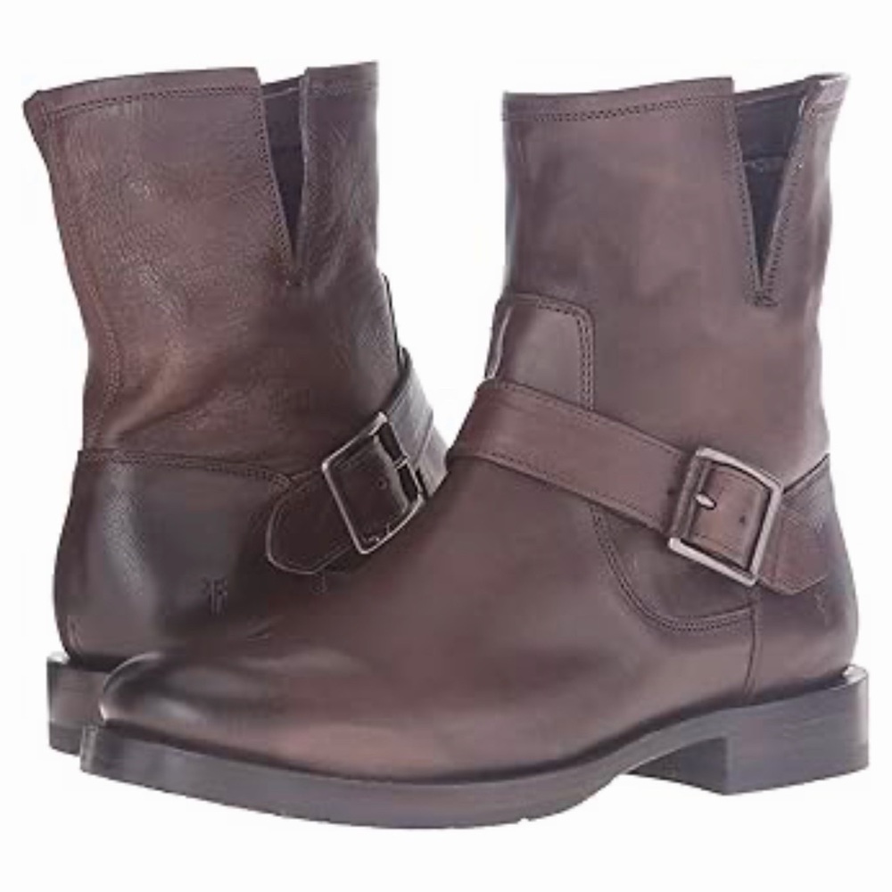 Frye Dark Brown Leather Buckle Strap Short Boots